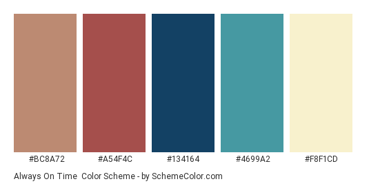 Always On Time - Color scheme palette thumbnail - #bc8a72 #a54f4c #134164 #4699a2 #f8f1cd 
