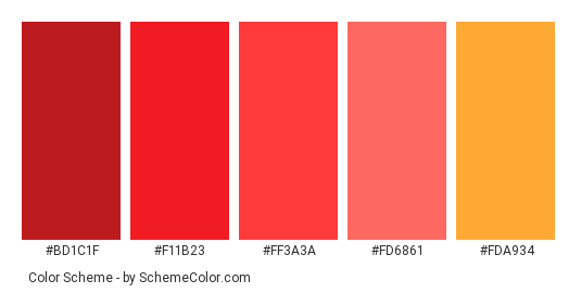 Red Autumn Maple Leaves - Color scheme palette thumbnail - #bd1c1f #f11b23 #ff3a3a #fd6861 #fda934 