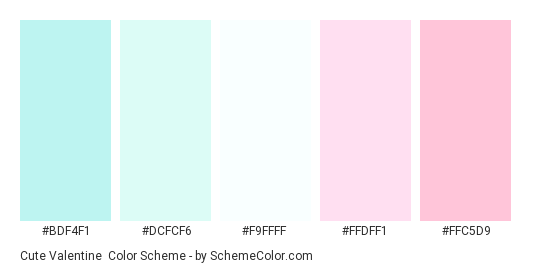 Cute Valentine - Color scheme palette thumbnail - #bdf4f1 #dcfcf6 #f9ffff #ffdff1 #ffc5d9 