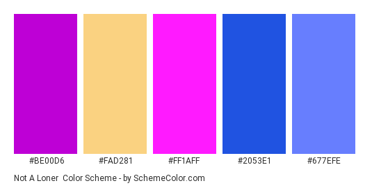 Not a Loner - Color scheme palette thumbnail - #be00d6 #fad281 #ff1aff #2053e1 #677efe 