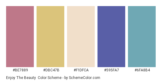 Enjoy the Beauty - Color scheme palette thumbnail - #be7889 #dbc47b #f1dfca #595fa7 #6fa8b4 
