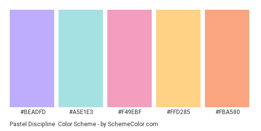 Pastel Discipline - Color scheme palette thumbnail - #beadfd #a5e1e3 #f49ebf #ffd285 #fba580 
