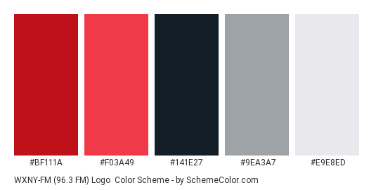 WXNY-FM (96.3 FM) Logo - Color scheme palette thumbnail - #bf111a #f03a49 #141e27 #9ea3a7 #e9e8ed 