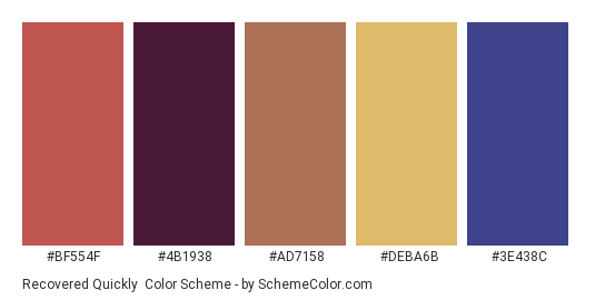 Recovered Quickly - Color scheme palette thumbnail - #bf554f #4b1938 #ad7158 #deba6b #3e438c 