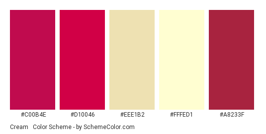 Cream & Carmine Red - Color scheme palette thumbnail - #c00b4e #d10046 #eee1b2 #fffed1 #a8233f 