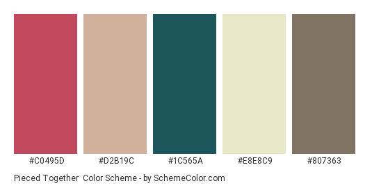 Pieced Together - Color scheme palette thumbnail - #c0495d #d2b19c #1c565a #e8e8c9 #807363 