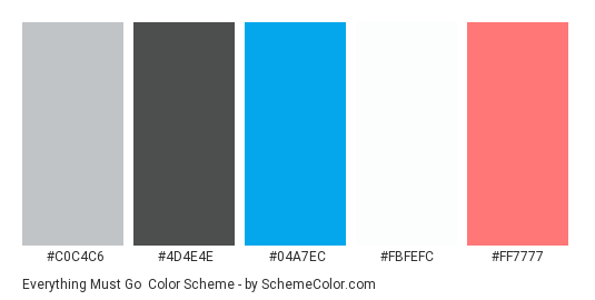 Everything Must Go - Color scheme palette thumbnail - #c0c4c6 #4d4e4e #04a7ec #fbfefc #ff7777 