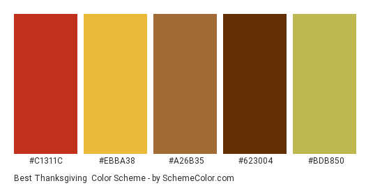 Best Thanksgiving - Color scheme palette thumbnail - #c1311c #ebba38 #a26b35 #623004 #bdb850 