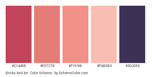 Bricks and Art - Color scheme palette thumbnail - #c1445b #e57c78 #f19188 #fabdb3 #3d3055 