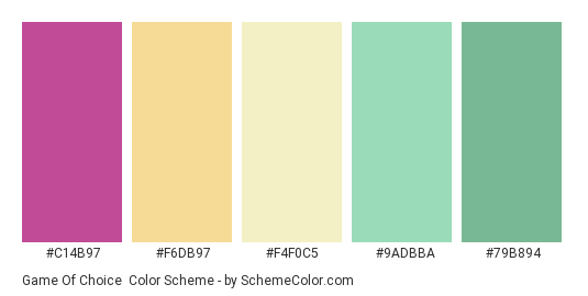 Game of Choice - Color scheme palette thumbnail - #c14b97 #f6db97 #f4f0c5 #9adbba #79b894 