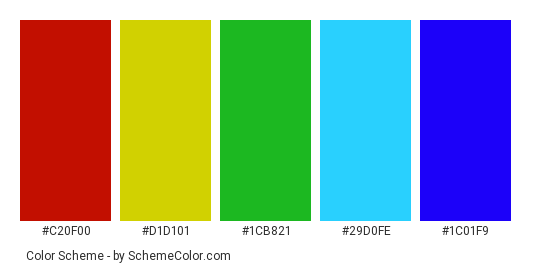 Multi-color Bottles - Color scheme palette thumbnail - #c20f00 #d1d101 #1cb821 #29d0fe #1c01f9 