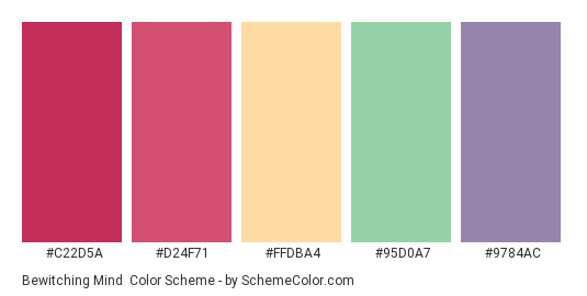 Bewitching Mind - Color scheme palette thumbnail - #c22d5a #d24f71 #ffdba4 #95d0a7 #9784ac 