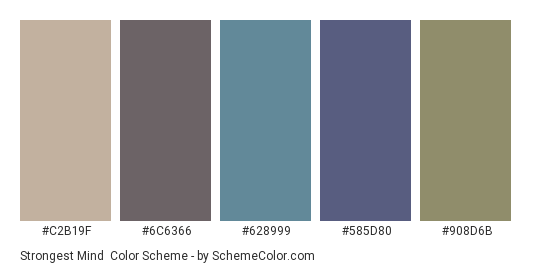 Strongest Mind - Color scheme palette thumbnail - #c2b19f #6c6366 #628999 #585d80 #908d6b 