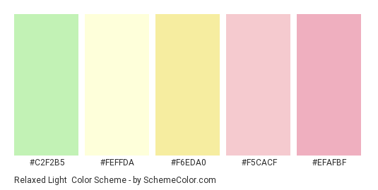 Relaxed Light - Color scheme palette thumbnail - #c2f2b5 #feffda #f6eda0 #f5cacf #efafbf 