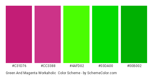 Green and Magenta Workaholic - Color scheme palette thumbnail - #c31d76 #cc3388 #4afd02 #03da00 #00b002 
