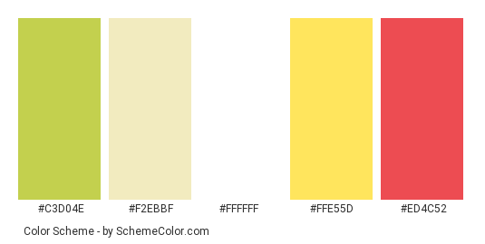 Summer Movie - Color scheme palette thumbnail - #c3d04e #f2ebbf #ffffff #ffe55d #ed4c52 