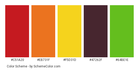 Lots of Skittles Candy - Color scheme palette thumbnail - #c51a20 #eb731f #f5d31d #47262f #64be1e 