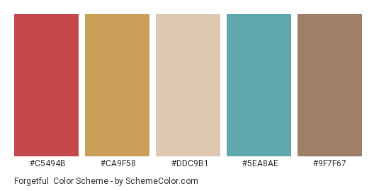 Forgetful - Color scheme palette thumbnail - #c5494b #ca9f58 #ddc9b1 #5ea8ae #9f7f67 