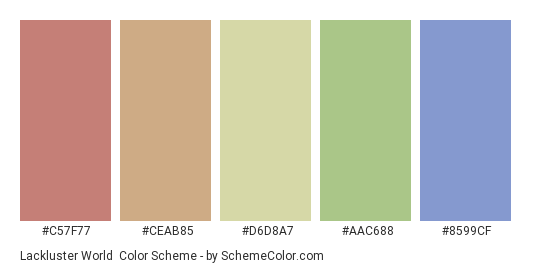 Lackluster World - Color scheme palette thumbnail - #c57f77 #ceab85 #d6d8a7 #aac688 #8599cf 