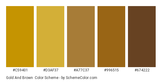Gold and Brown - Color scheme palette thumbnail - #c59401 #d3af37 #a77c37 #996515 #674222 