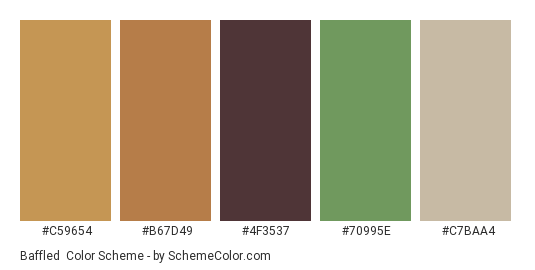 Baffled - Color scheme palette thumbnail - #c59654 #b67d49 #4f3537 #70995e #c7baa4 