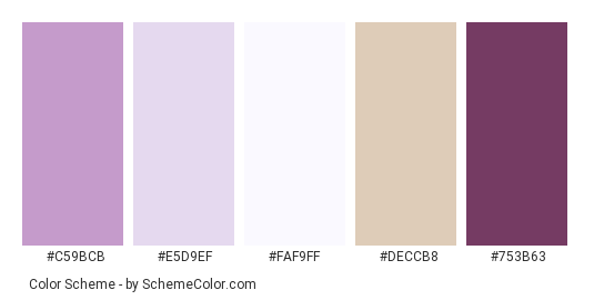 Gentle Whisper - Color scheme palette thumbnail - #c59bcb #e5d9ef #faf9ff #deccb8 #753b63 