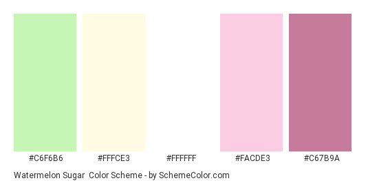 Watermelon Sugar - Color scheme palette thumbnail - #c6f6b6 #fffce3 #ffffff #facde3 #c67b9a 