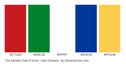 The Gambia Coat of Arms - Color scheme palette thumbnail - #c71a20 #00812b #ffffff #003698 #ffcd4e 