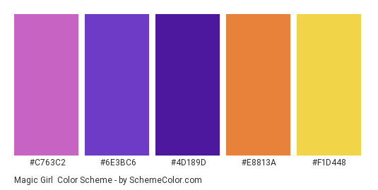 Magic Girl - Color scheme palette thumbnail - #c763c2 #6e3bc6 #4d189d #e8813a #f1d448 