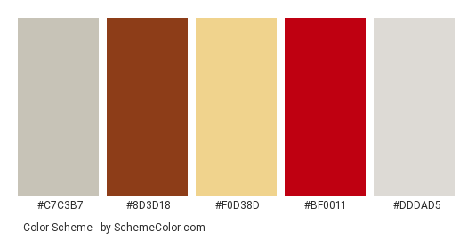 Cheesecakes - Color scheme palette thumbnail - #c7c3b7 #8d3d18 #f0d38d #bf0011 #dddad5 