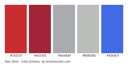 Red, Silver & Royal Blue - Color scheme palette thumbnail - #c82d2f #a02435 #aaabaf #bbbdbb #426ae4 