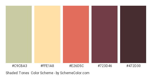 Shaded tones - Color scheme palette thumbnail - #c9cba3 #ffe1a8 #e26d5c #723d46 #472d30 