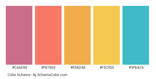 Hello Beautiful - Color scheme palette thumbnail - #ca6e88 #f87868 #f0ad4a #f3c950 #3fbac6 