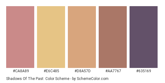 Shadows of the Past - Color scheme palette thumbnail - #ca8a89 #e6c485 #d8a57d #aa7767 #635169 