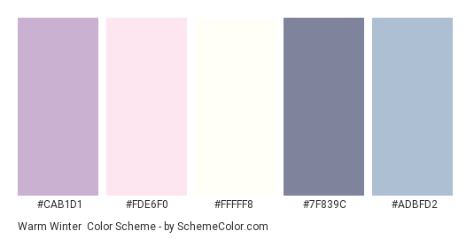 Warm Winter - Color scheme palette thumbnail - #cab1d1 #fde6f0 #fffff8 #7f839c #adbfd2 