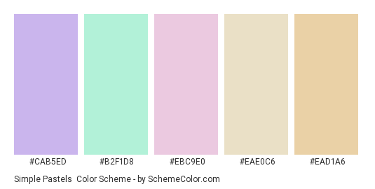 Simple Pastels - Color scheme palette thumbnail - #cab5ed #b2f1d8 #ebc9e0 #eae0c6 #ead1a6 