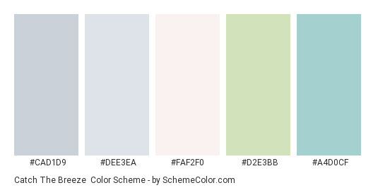 Catch the Breeze - Color scheme palette thumbnail - #cad1d9 #dee3ea #faf2f0 #d2e3bb #a4d0cf 