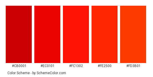 Cherry Tomatoes - Color scheme palette thumbnail - #cb0001 #ec0101 #fc1302 #fe2500 #fd3b01 