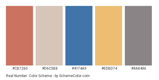 Real Number - Color scheme palette thumbnail - #cb7260 #d6c5b8 #4174a9 #edbd74 #8a8486 