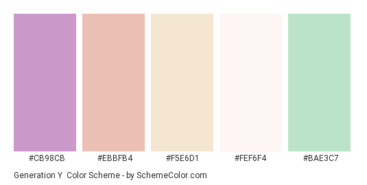 Generation Y - Color scheme palette thumbnail - #cb98cb #ebbfb4 #f5e6d1 #fef6f4 #bae3c7 