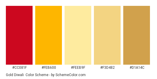 Gold Diwali - Color scheme palette thumbnail - #cc081f #feb600 #feeb9f #f3d482 #d1a14c 