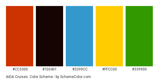 AIDA Cruises - Color scheme palette thumbnail - #cc3300 #150401 #3399cc #ffcc00 #339900 