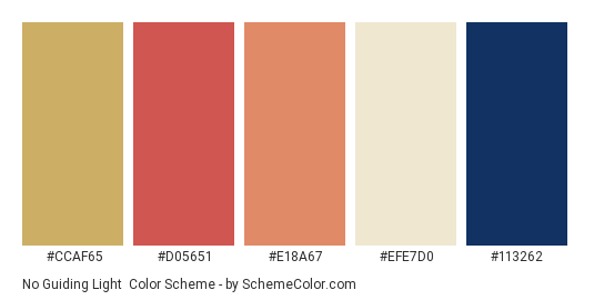 No Guiding Light - Color scheme palette thumbnail - #ccaf65 #d05651 #e18a67 #efe7d0 #113262 