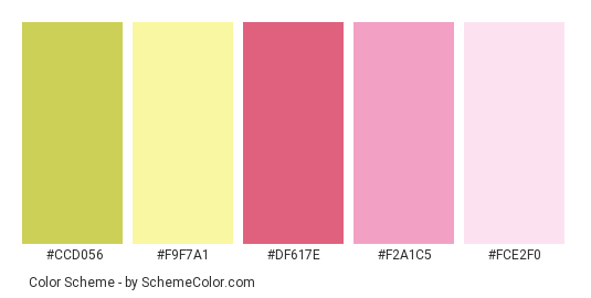 Pink Tulip - Color scheme palette thumbnail - #ccd056 #f9f7a1 #df617e #f2a1c5 #fce2f0 