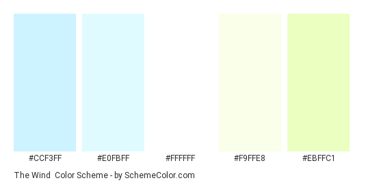 The Wind - Color scheme palette thumbnail - #ccf3ff #e0fbff #ffffff #f9ffe8 #ebffc1 