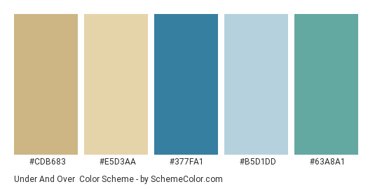 Under and Over - Color scheme palette thumbnail - #cdb683 #e5d3aa #377fa1 #b5d1dd #63a8a1 