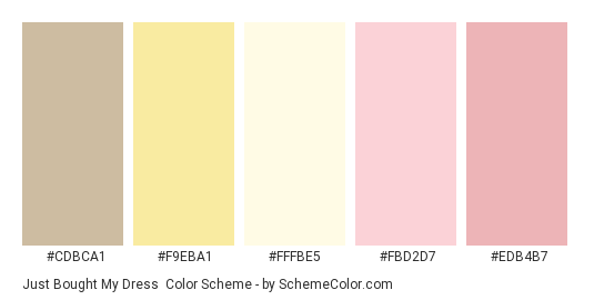 Just Bought My Dress - Color scheme palette thumbnail - #cdbca1 #f9eba1 #fffbe5 #fbd2d7 #edb4b7 