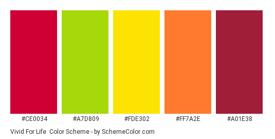 Vivid for Life - Color scheme palette thumbnail - #ce0034 #a7d809 #fde302 #ff7a2e #a01e38 