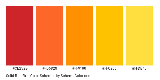 Solid Red Fire - Color scheme palette thumbnail - #ce252b #fd6828 #ff9100 #ffc200 #ffde40 