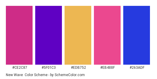 New Wave - Color scheme palette thumbnail - #ce2c87 #5f01c3 #edb752 #eb488f #263adf 